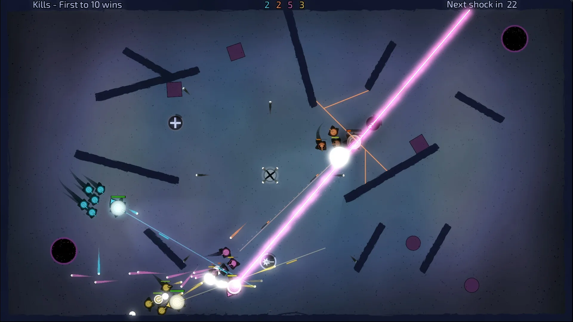 A pink beam weapon slices across a debris-filled arena as two squads clash near the bottom
