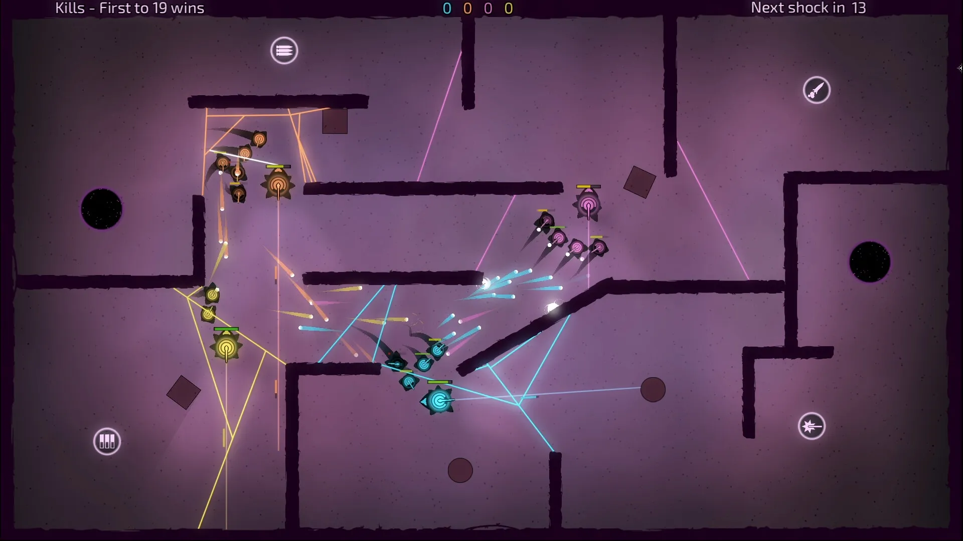Squads of spider turrets face off across a maze-like magenta arena