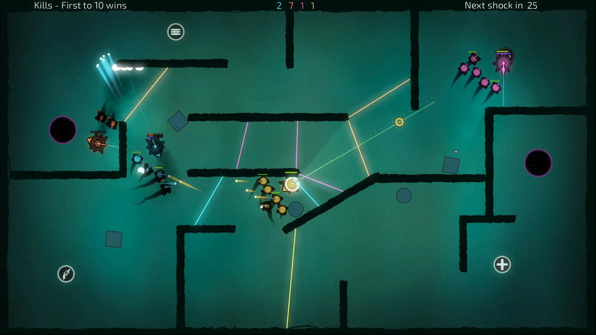 A teal arena mid-fight, with laser tripwires crossing the middle as squads flank from both sides