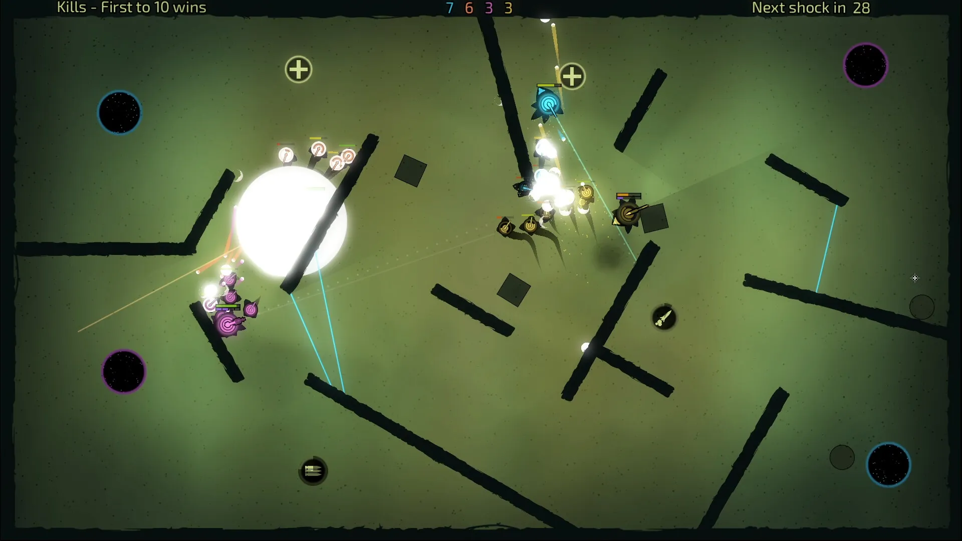 A bright explosion engulfs one squad while another regroups across a mossy green arena